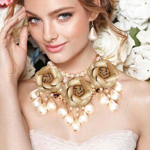 Chunky Rose  and Pearls  Bib Necklace and Earring set (simulated pearls)
